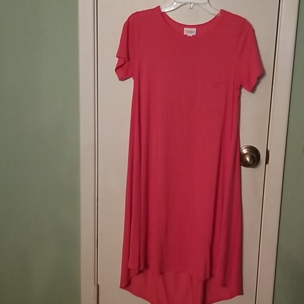 Salmon colored LulaRoe polyester dress.